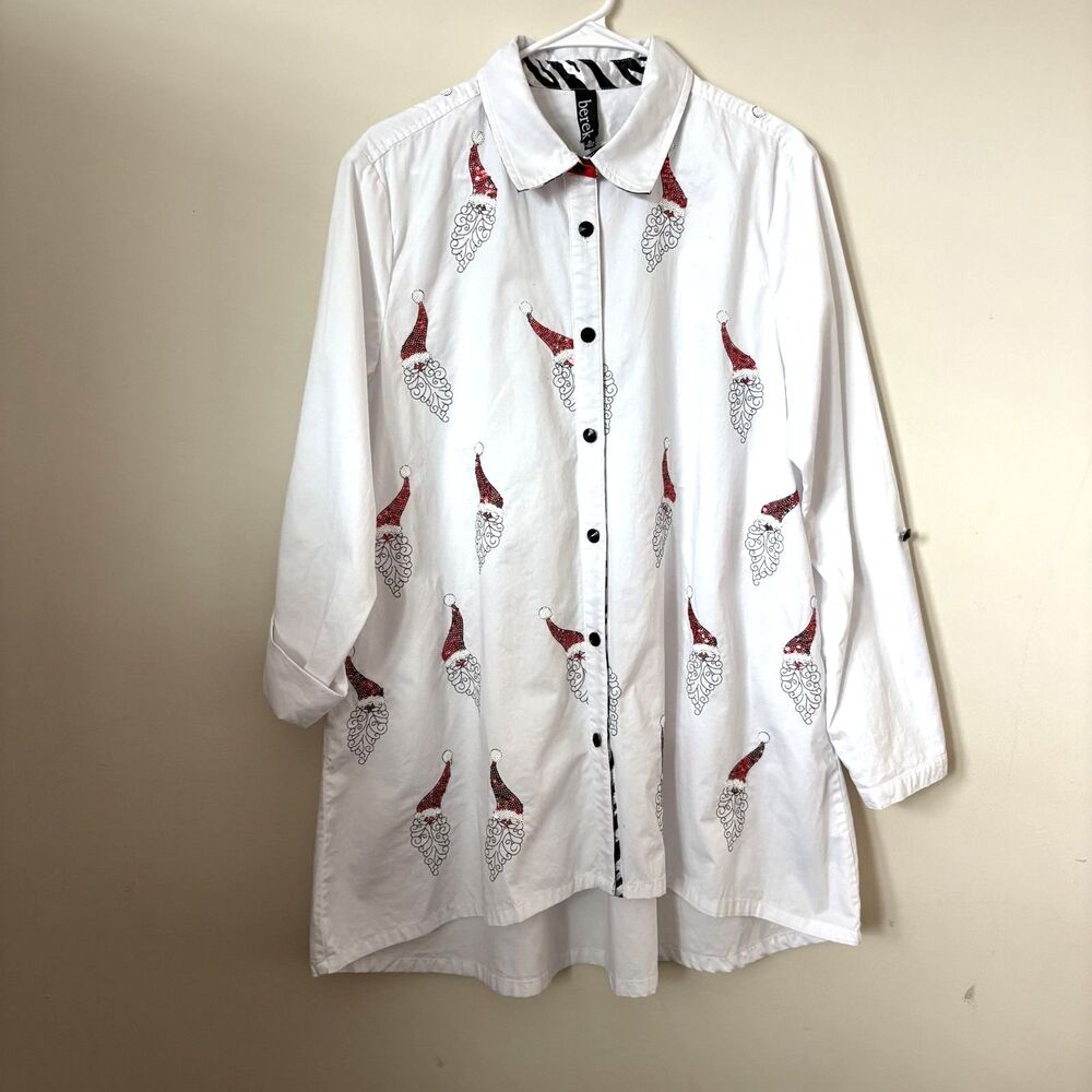 Santa Claus Button down XL White w/ Red sequined hats Tunic Zebra accents Berek